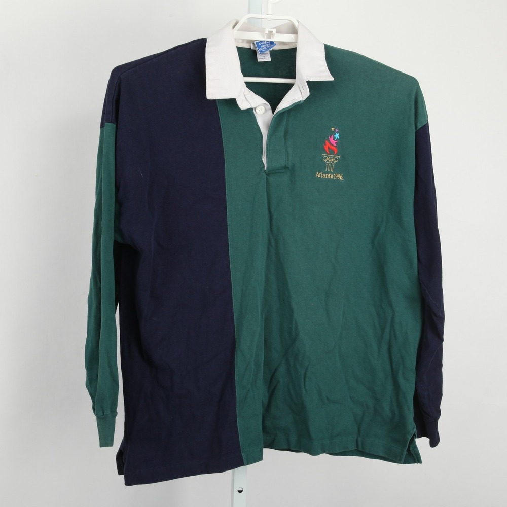 Vintage Champion Atlanta 1996 Olympics Rugby Polo Shirt Long Sleeve Green Navy - Picture 2 of 11